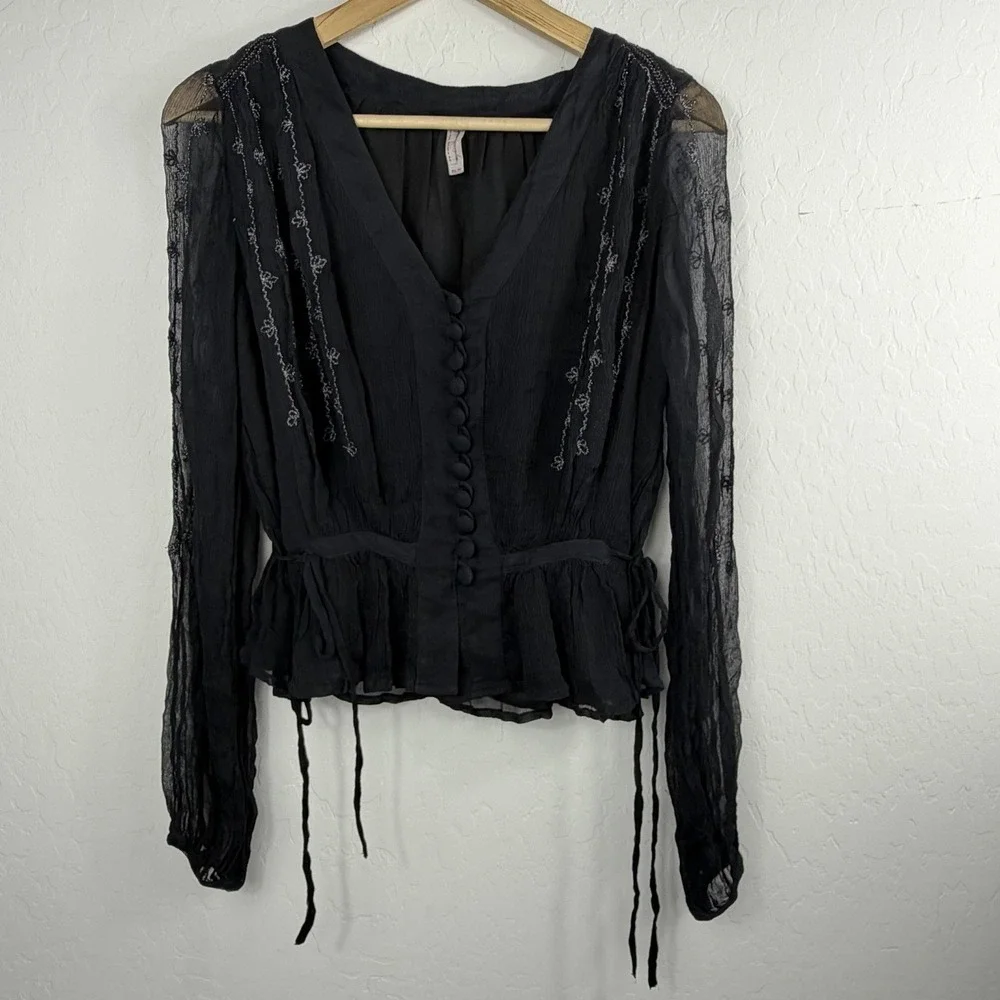 Free‎ People Sheer Boho XS Black Lace Button Front Peplum Top Grunge